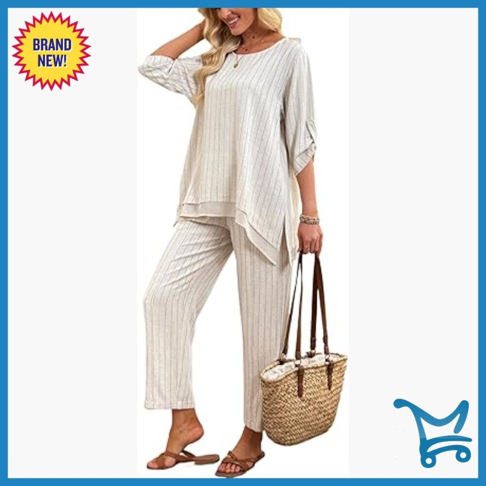 Linen Pant Set 3/4 Sleeve Top Wide Leg Pants Summer Casual Outfit